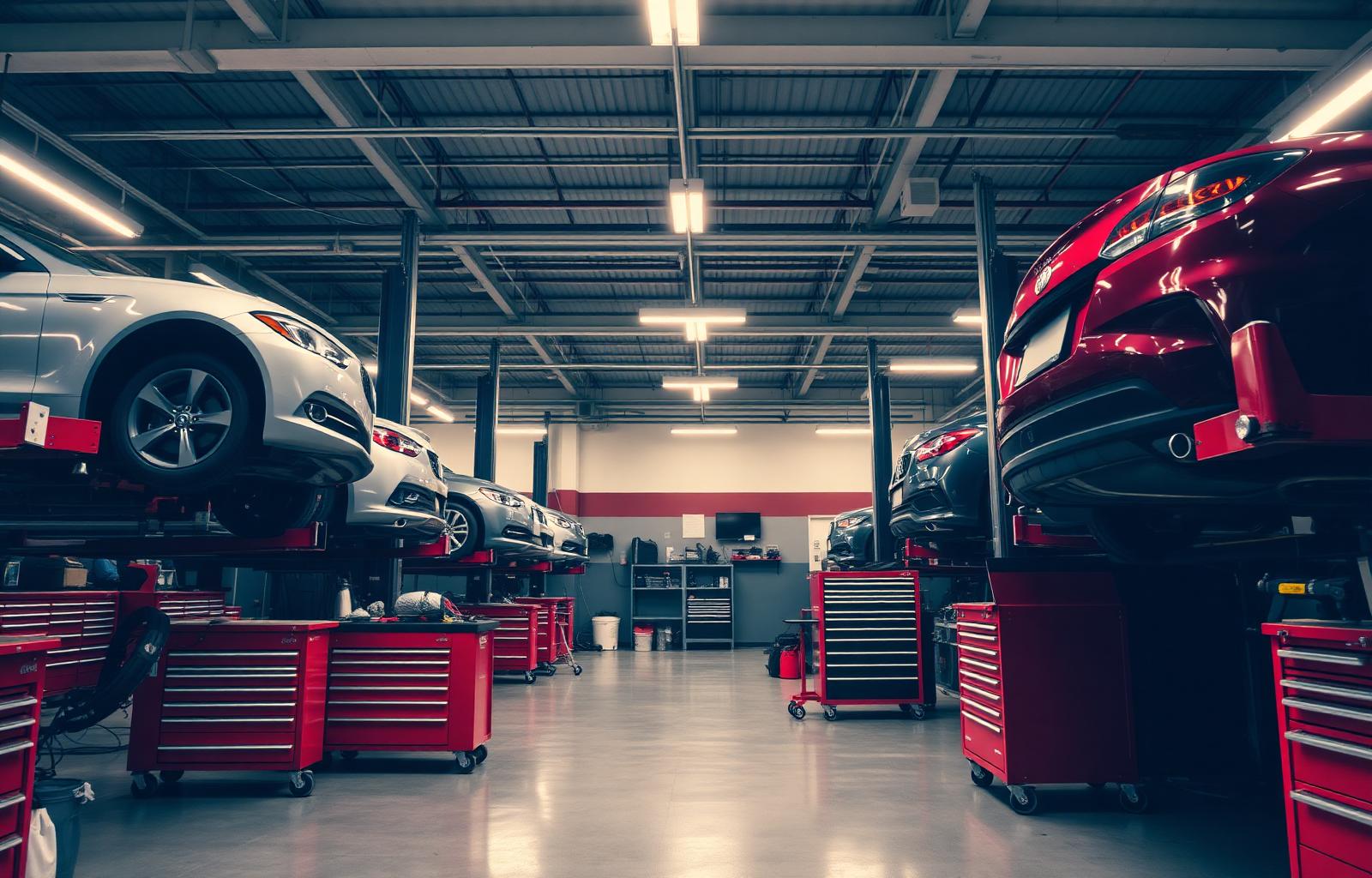 Modern auto repair shop with vehicles on lifts and red rolling tool chests