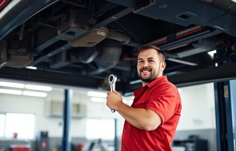 Auto mechanic in a red shirt working under a vehicle on a lift