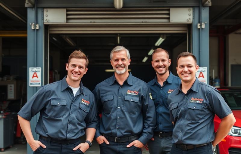 Team of mechanics in branded shirts standing in front of service bays