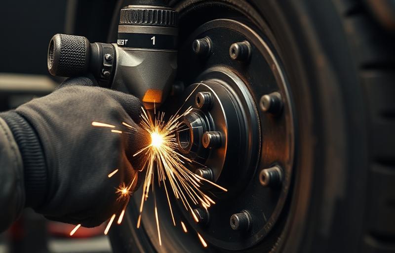 Close-up of gloved hands using an impact wrench on a wheel hub